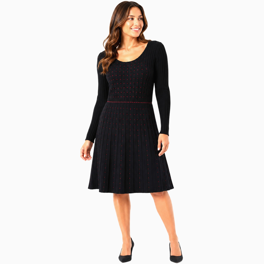 Nina Leonard Womens Black & Red Long Sleeve Ribbed Knee Length Dress sz M